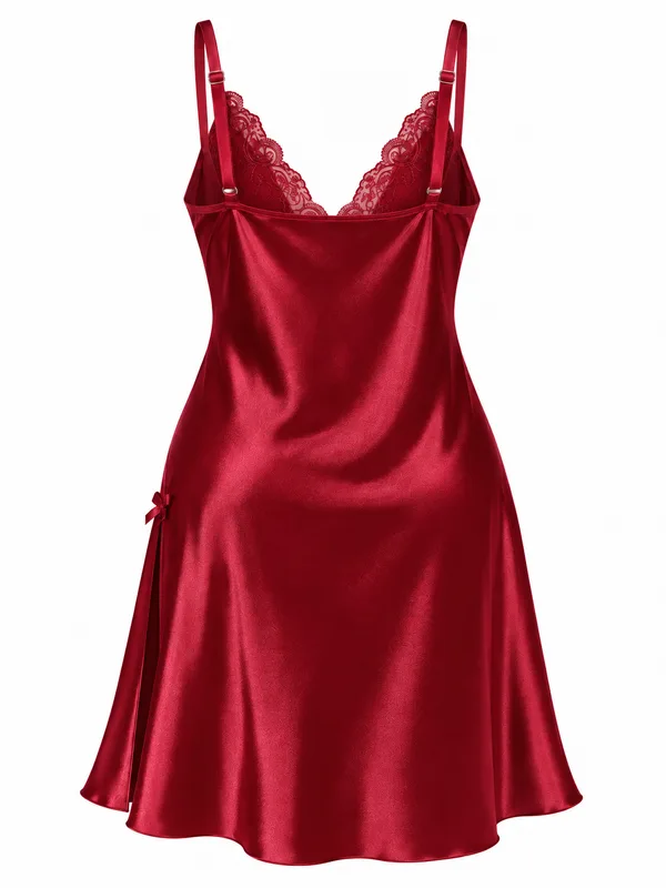 Lace-Trim Satin Slip Dress, Burgundy, studio, back