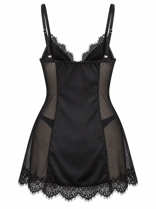 Lace-Trim Mesh Babydoll, Black, studio, back