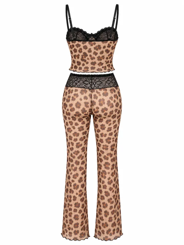 Leopard Print Lace-Trim Mesh Camisole and Pants, Leopard Print, studio, back