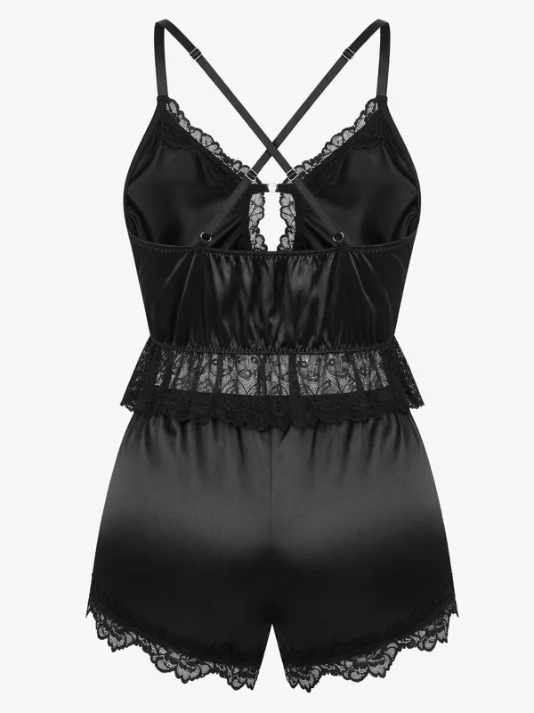 Lace-Trim Satin Cami Top and Shorts, Black, studio, back