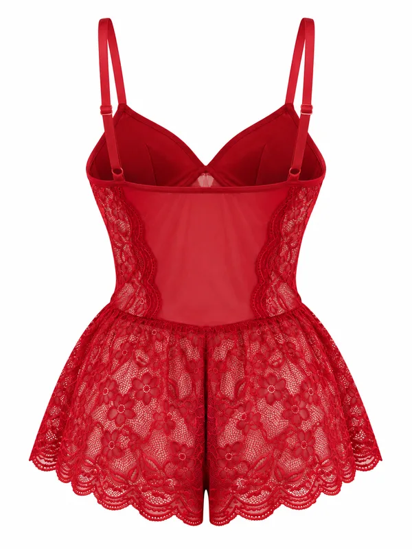 Lace-Up Mesh and Lace Bodysuit, Red, studio, back