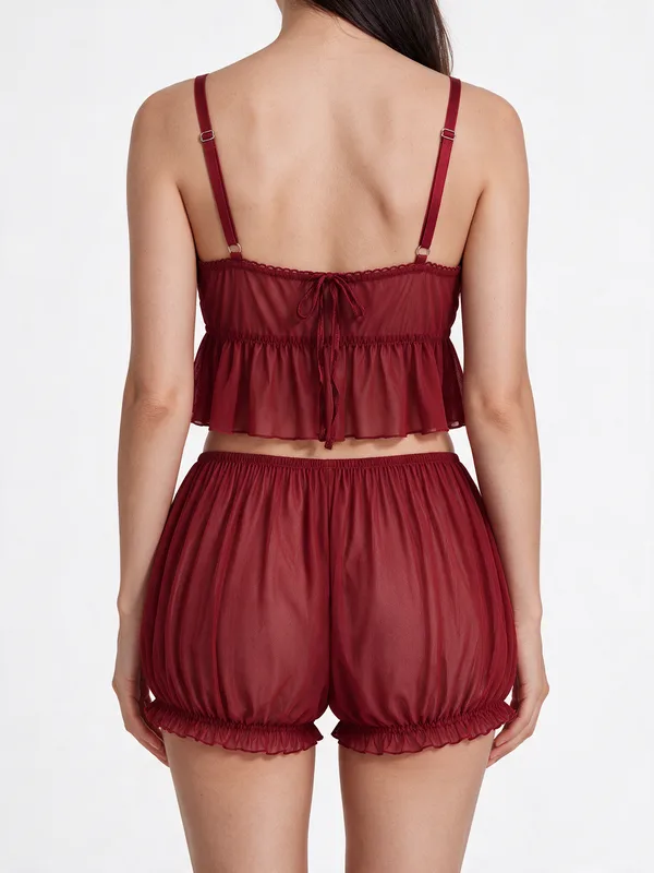 Ruffle Mesh Cami and Bloomer Shorts, Burgundy, model, back