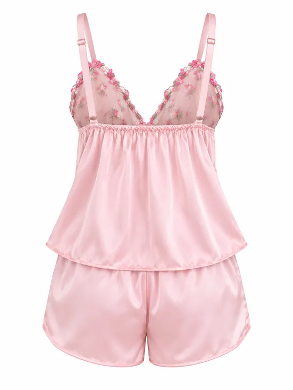 Floral Embroidered Satin Cami and Shorts, Pink, studio, back