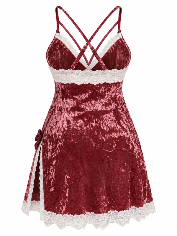 Lace-Trim Velvet Babydoll, Burgundy, studio, back