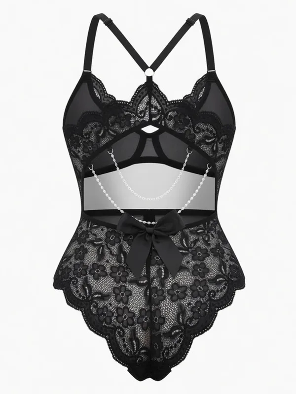 Scalloped Lace Halter Bodysuit, Black, studio, back