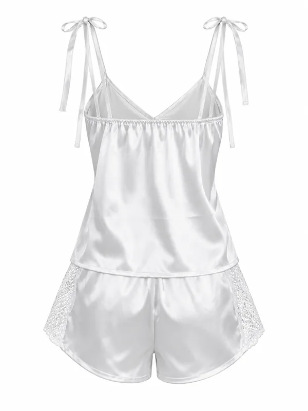 Satin Tie-Strap Camisole and Lace-Trim Shorts, White, studio, back