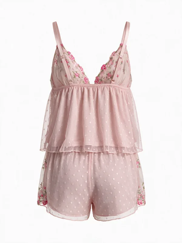 Floral Embroidered Dotted Mesh Cami and Shorts, Pink, studio, back