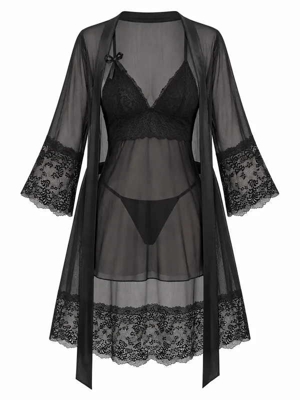Lace-Trim Mesh Babydoll and Sheer Robe, Black, studio, front