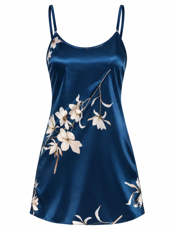 Satin Floral Mini Slip, Navy Blue, studio, front