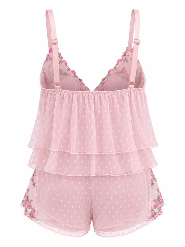 Floral Embroidered Dotted Mesh Cami and Shorts, Light Pink, studio, back