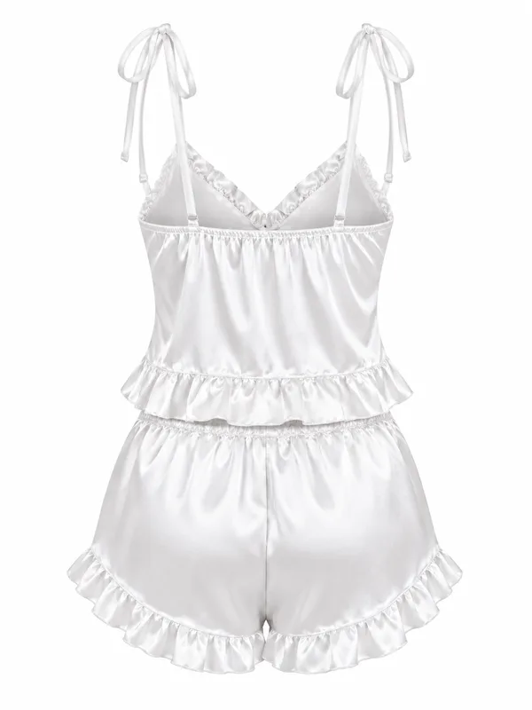 Satin Ruffle-Trim Camisole and Shorts, White, studio, back