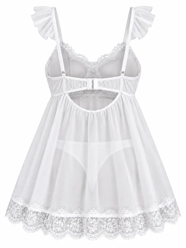 Lace-Trim Mesh Babydoll, White, studio, back