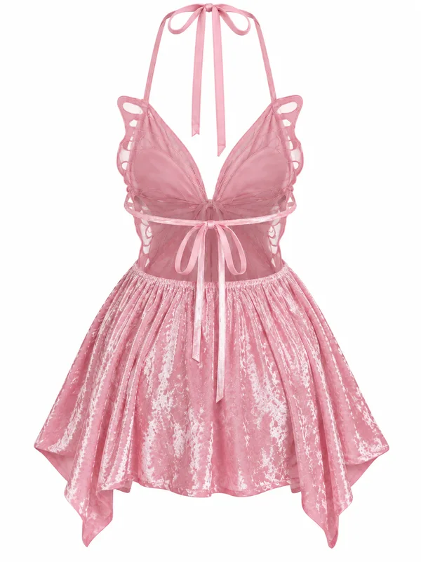 Butterfly Mesh Crushed Velvet Babydoll, Pink, studio, back