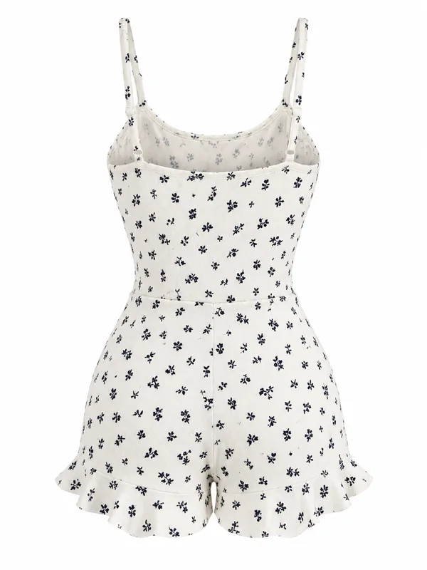 Floral-Print Ribbed-Knit Cami Romper, Off-White, studio, back