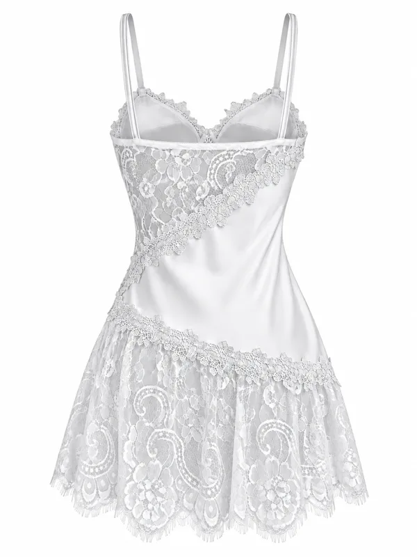 Lace-Trim Satin Slip, White, studio, back
