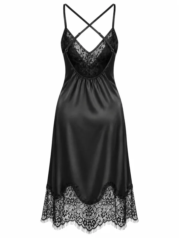 Lace-Trim Satin Long Slip, Black, studio, back