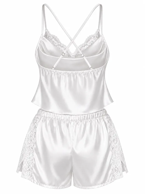 Satin Lace-Trim Camisole and Shorts, White, studio, back