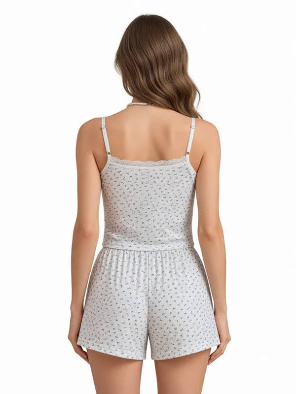 Printed Lace-Trim Cami and Shorts, White, model, back