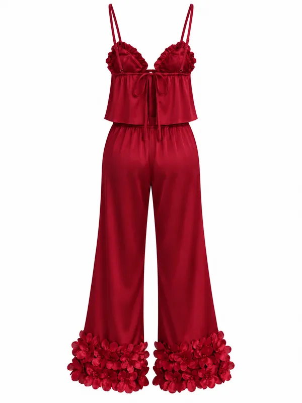 Ruffle-Trim Satin Cami and Wide-Leg Pants, Burgundy, studio, back
