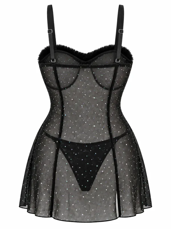 Fur-Trim Sequin Mesh Babydoll, Black, studio, back