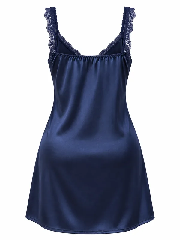 Lace-Trim Satin Slip, Navy Blue, studio, back