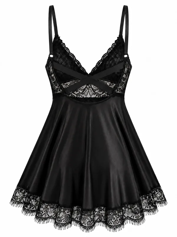 Lace-Trim Satin Babydoll, Black, studio, back