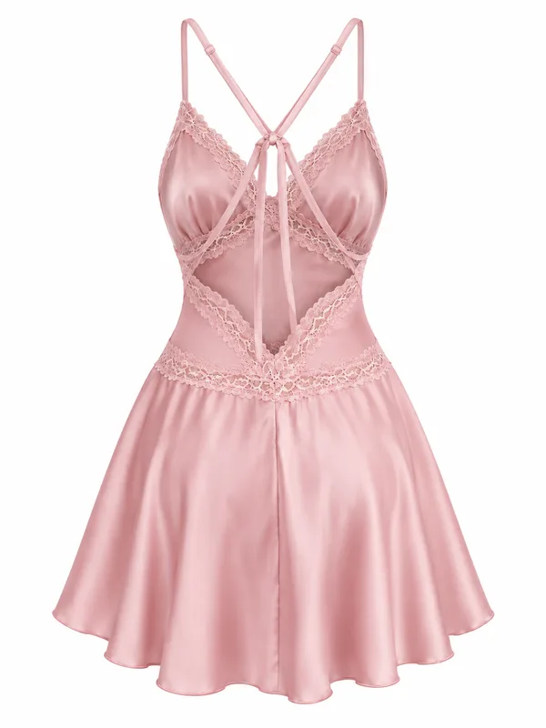 Lace-Trim Satin Slip, Pink, studio, back