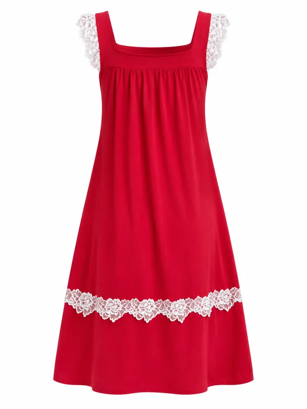 Square-Neck Lace-Trim Slip, Red, studio, back