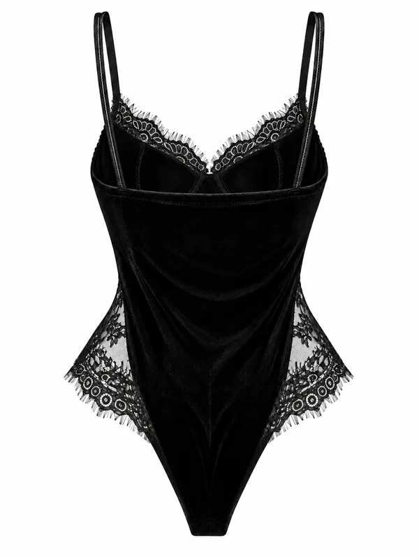 Velvet Lace-Trim Teddy, Black, studio, back