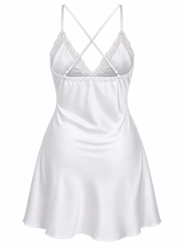 Lace-Trim Mesh-Panel Satin Slip, White, studio, back