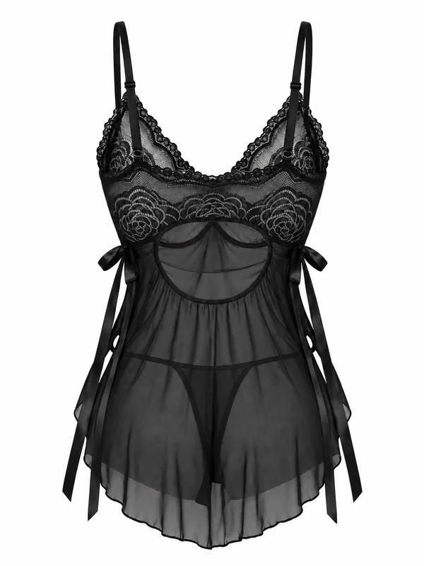 Lace-Trim Mesh Babydoll, Black, studio, back