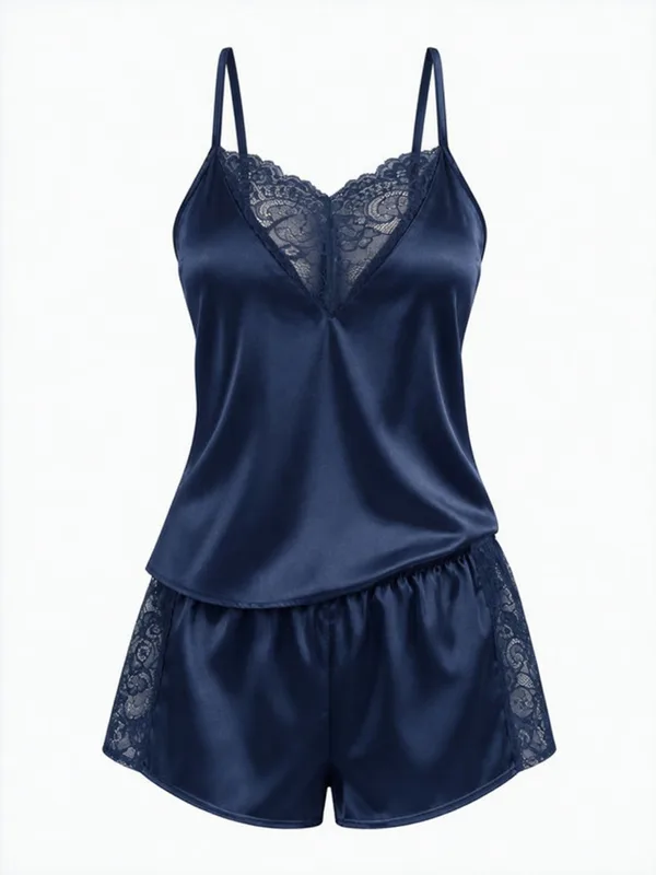 Lace-Trim Satin Camisole and Shorts, Navy, studio, front