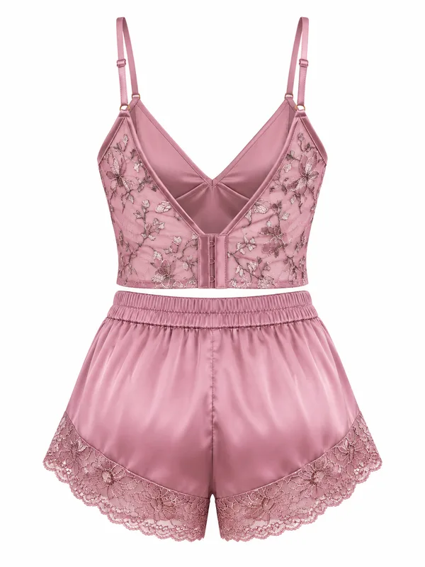 Lace-Trim Satin Cami and Shorts, Dusty Pink, studio, back