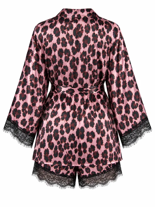 Leopard-Print Satin Lace-Trim Bralette, Shorts and Robe, Leopard Print, studio, back