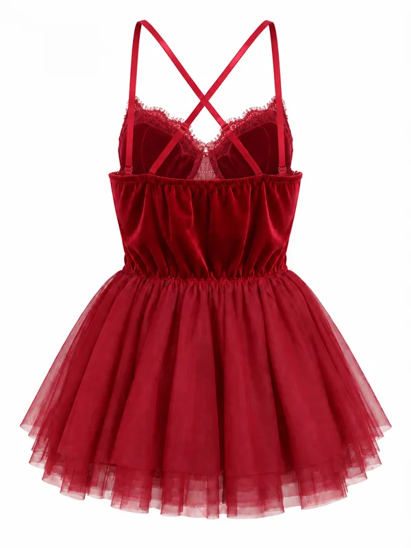 Lace-Up Velvet Mesh Babydoll, Burgundy, studio, back