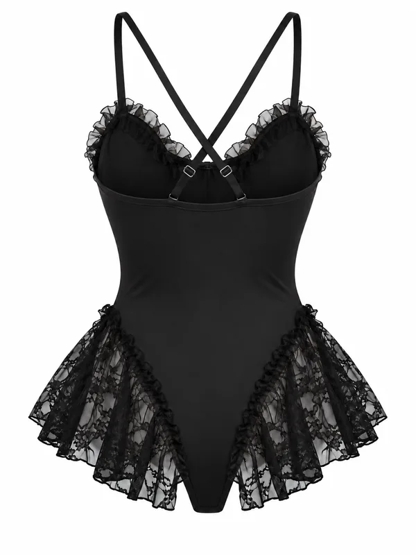 Lace-Up Lace-Ruffle Bodysuit, Black, studio, back
