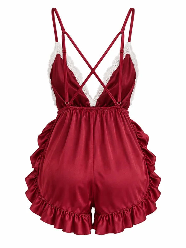 Lace-Trim Ruffled Satin Romper, Burgundy, studio, back