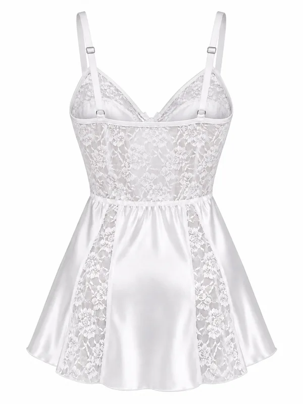 Lace-Trim Satin Babydoll, White, studio, back