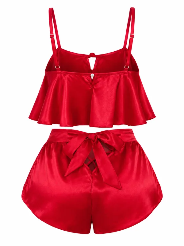 Satin Ruffle Cami and Shorts, Red, studio, back
