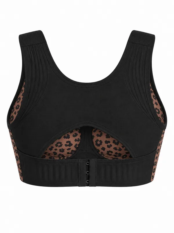 Back-Support Front-Closure Bra, Brown Leopard, studio, back
