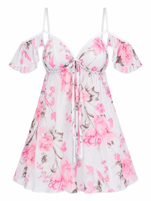 Floral Mesh Cold-Shoulder Babydoll, White, studio, front