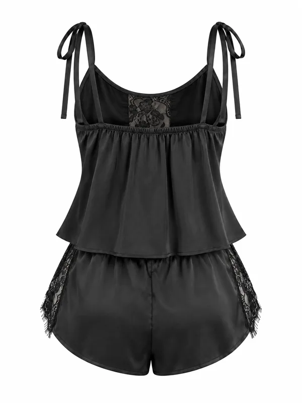 Lace-Trim Satin Cami and Shorts, Black, studio, back