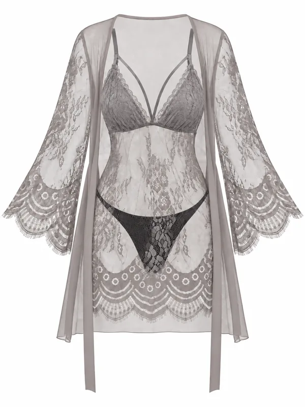 Lace-Trim Mesh Babydoll and Robe, Light Gray, studio, front