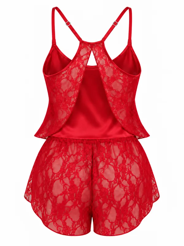 Satin Cami and Lace-Back Shorts Sleepwear, Red, studio, back