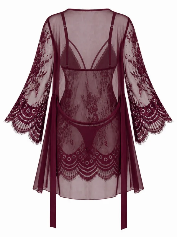 Lace-Trim Mesh Babydoll and Robe, Burgundy, studio, back