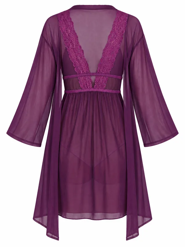 Lace-Trim Mesh Babydoll, Dark Purple, studio, back