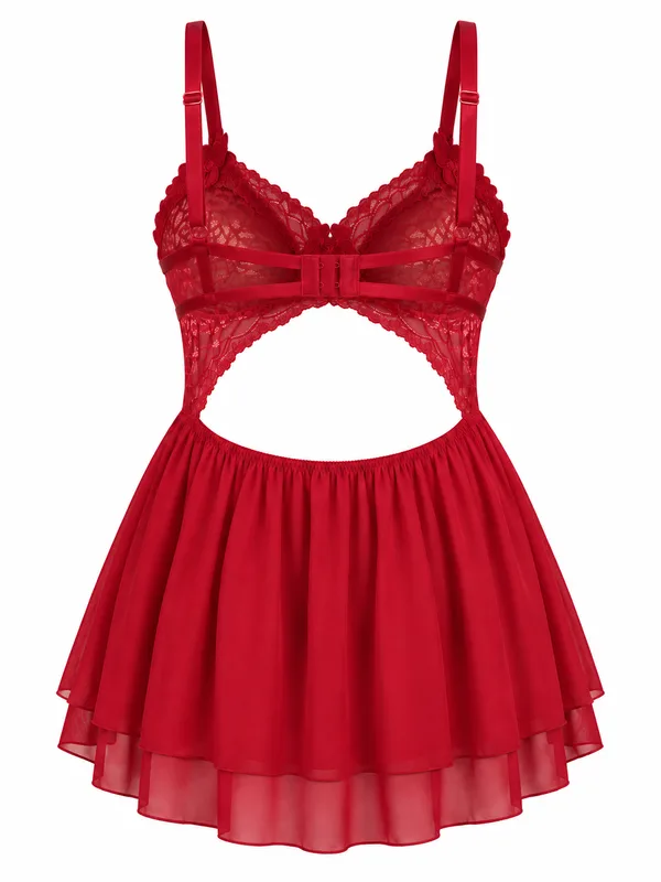Lace-Trim Mesh Babydoll, Burgundy, studio, back