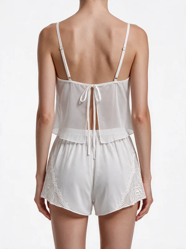 Sheer Lace-Trim Camisole and Tap Pant, White, model, back