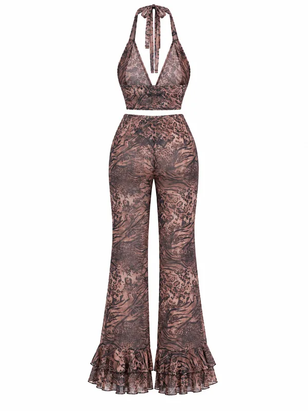 Leopard Print Mesh Halter Longline Top and Pants, Leopard Print, studio, back