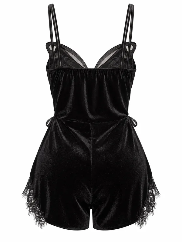 Velvet Butterfly Lace-Trim Romper, Black, studio, back
